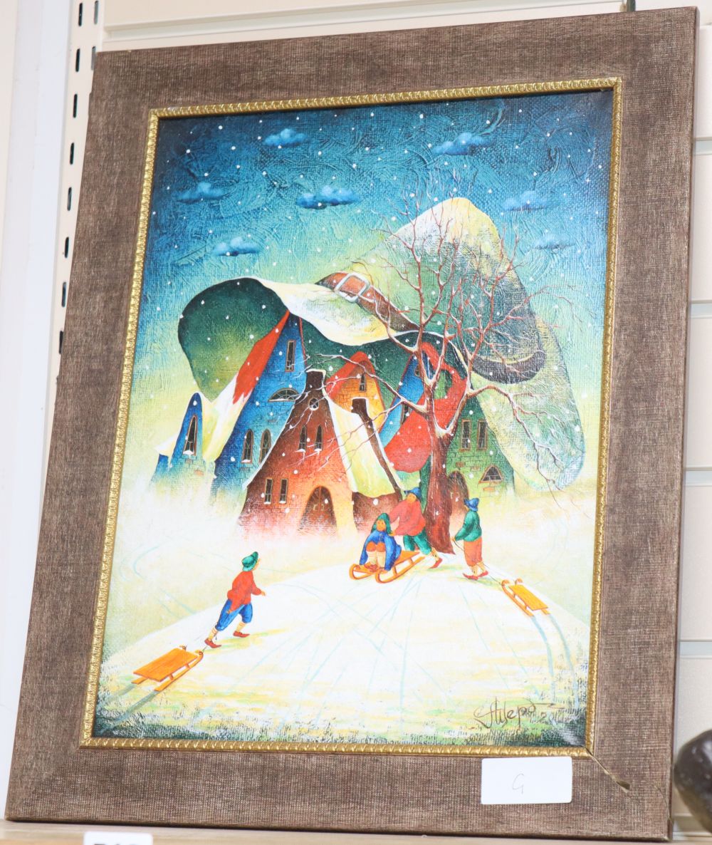 Russian School, oil on canvas, Nursery tale scene with children sledging, signed and dated 2010, 39 x 29cm